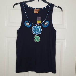 Tory Burch NWT Navy Blue Tank w Flower Necklace